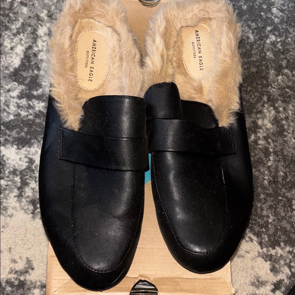 American Eagle Outfitters Black Mules with Fur Lining
